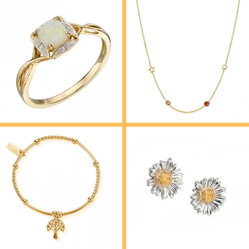 A grid of four different items of yellow gold jewellery from Joshua James
