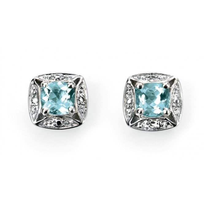 Pisces Birthstone Stud earrings with round aquamarine stones claw-set in silver and framed by diamond pave