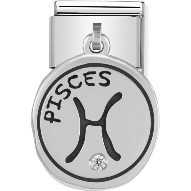 Pisces Birthstone Stainless steel Nomination charm with dangle pendant engraved with Pisces symbol and CZ stone