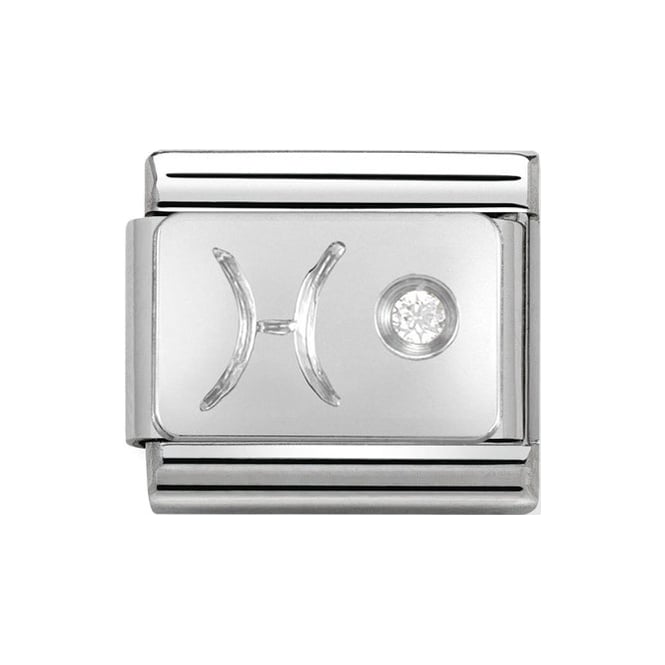 Pisces Birthstone Stainless steel Nomination link engraved with Pisces zodiac symbol and with single CZ stone