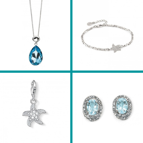 A grid of four different items of sea themed and aquamarine jewellery from Nomination, Thomas Sabo and Joshua James