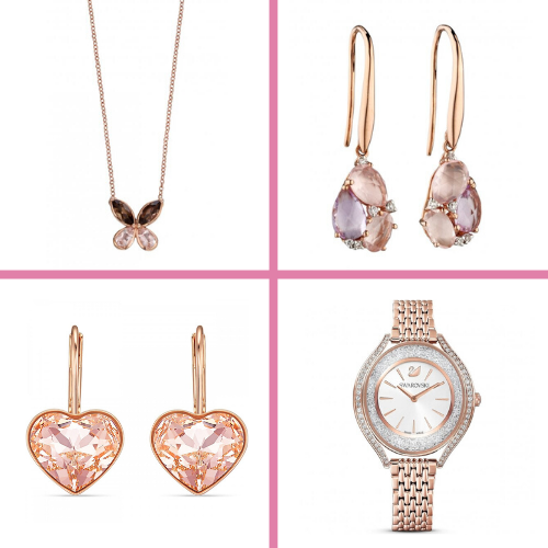 A grid of four different items of rose gold and pink and purple gemstone jewellery from Joshua James and Swarovski