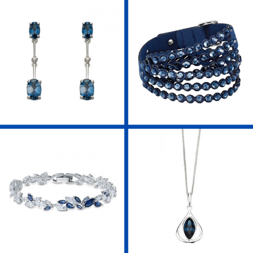 A grid of four different items of royal blue gemstone jewellery from Joshua James and Swarovski