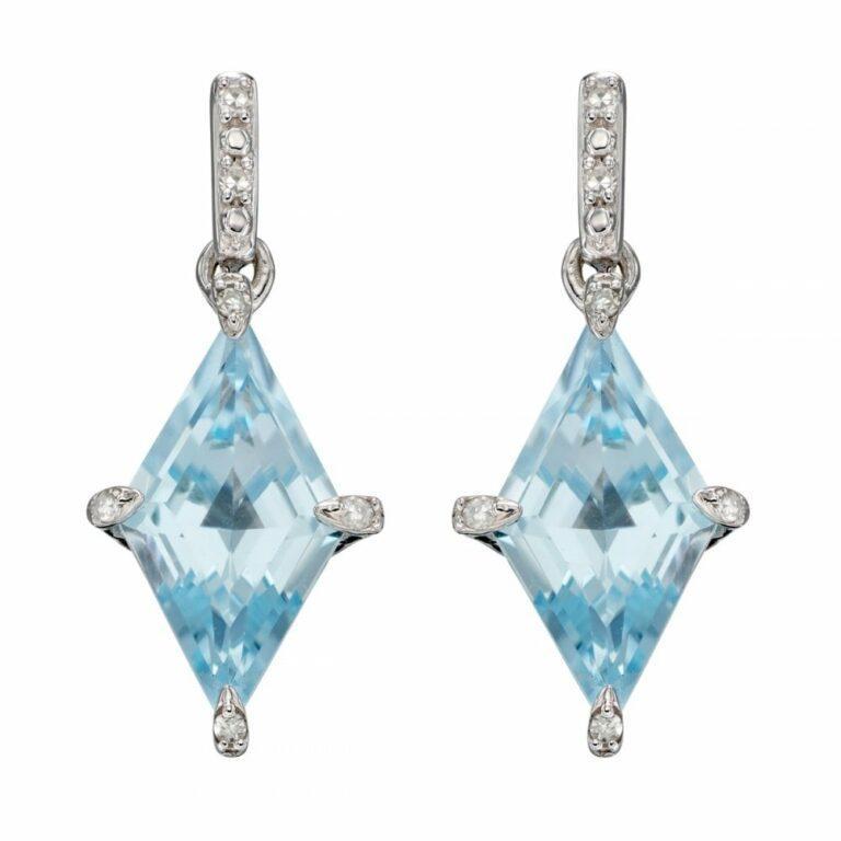 Lockdown Birthday Ideas. Precious 9ct White Gold with Blue Topaz & Diamond Shape Drop Earrings