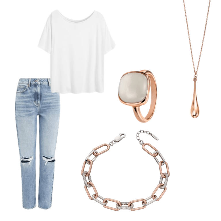 Slow fashion baggy white t-shirt and mom jeans with accompanying jewellery pieces from Joshua James & Fiorelli
