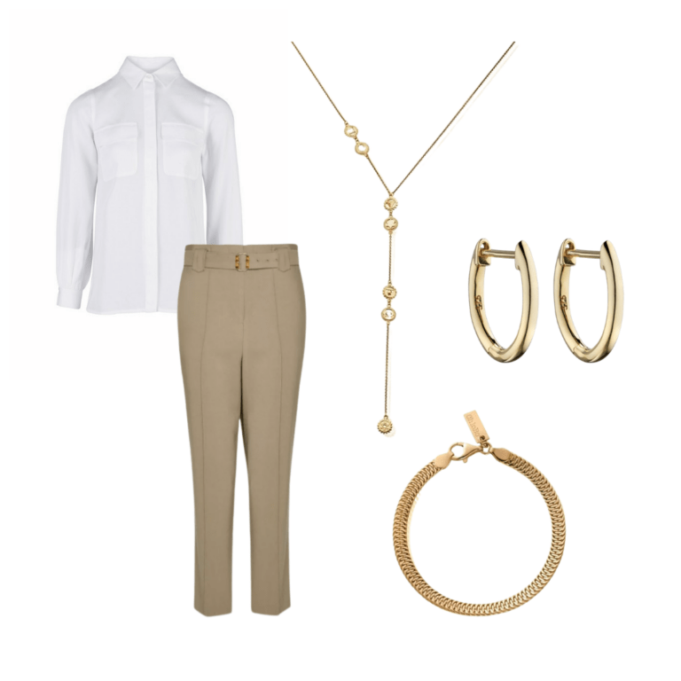 Slow fashion work shirt and trousers with accompanying jewellery pieces from Joshua James & ChloBo
