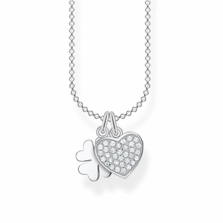 St Patricks Day 2021 Thomas Sabo Silver Four Leaf Clover Necklace with Accompanying Cubic Zirconia Heart.