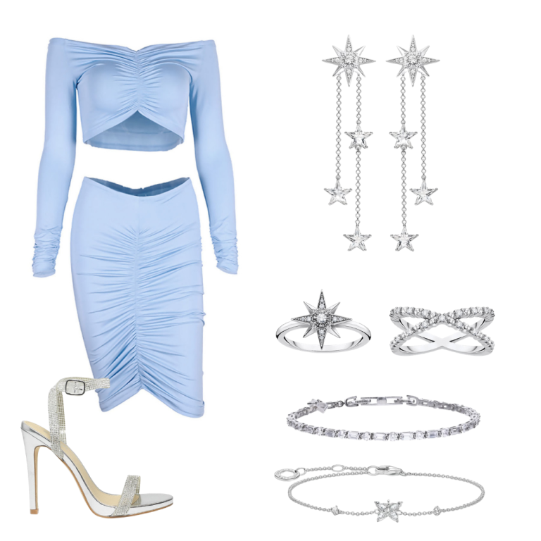 Powder Blue Two Piece With Silver Accessories Clubbing Outfit 