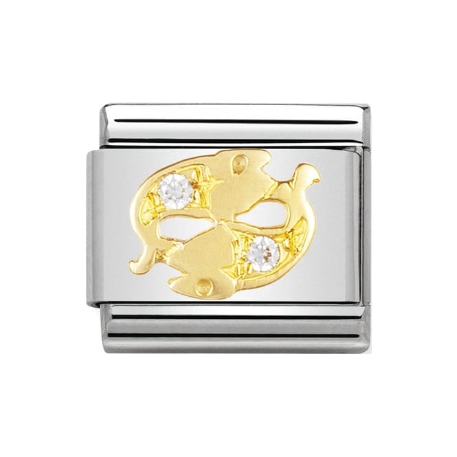 Pisces Birthstone Stainless steel Nomination Pisces charm with 18k gold fish symbol and two cubic zirconia stones