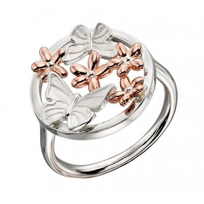 Joshua James Serenity Silver with Rose Gold Plating Butterfly & Flowers Ring