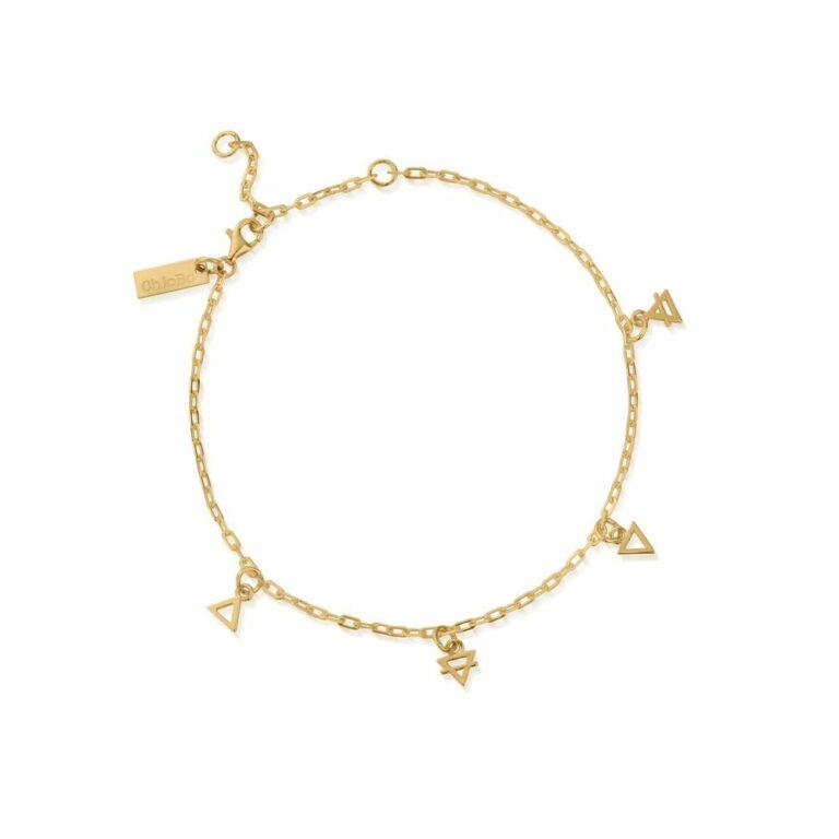 The Sacred Earth Collection's Gold Anklet with Triangular Water, Earth, Air & Fire Charms, as well as a ChloBo Tag