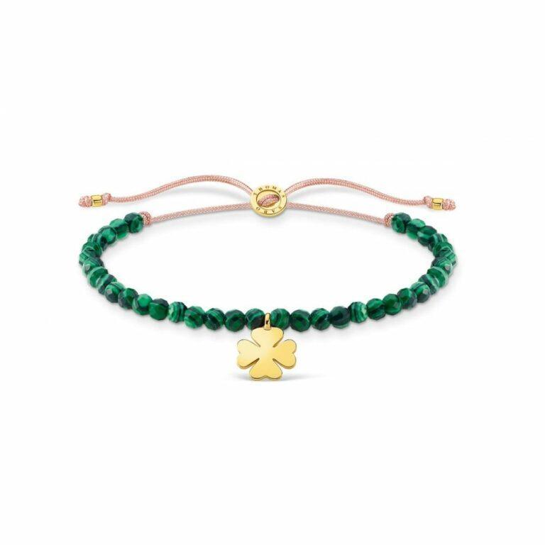 St Patricks Day 2021 Thomas Sabo Emerald Green and Gold Beaded Bracelet with Dangling Gold Four Leafed Clover.