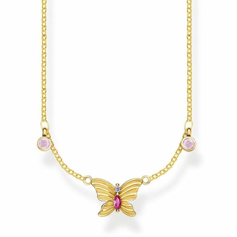 Jewellery by Thomas Sabo  Gold Butterfly Dainty Necklace with Pink Stones