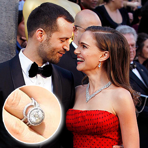 Bespoke Engagement Rings Natalie Portman Smiling at her husband with her diamond engagement ring to the side