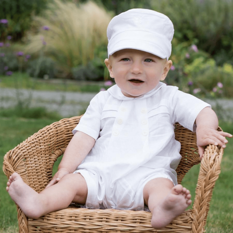 Personalised Christening Gifts A Little Boy in a Christening Outfit with Hat