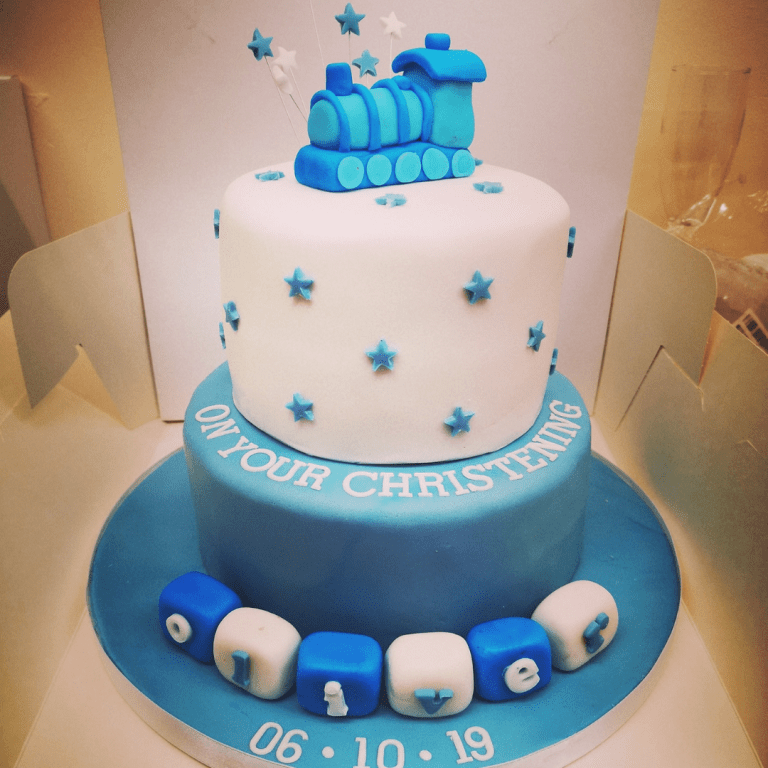 Personalised Christening Gifts A Boys Christening Cake with a Train & Stars