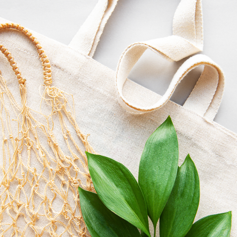 Ethical Jewellery Blog- Canvas bag, leaves and a rope bag laid flat