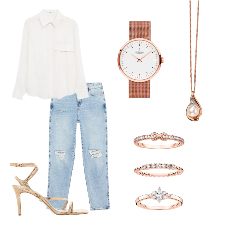 Shirt, Jeans & Heels Clubbing Outfit Paired with Rose Gold Outfit 