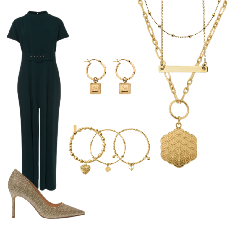 Green Jumpsuit With Gold Accessories Clubbing Outfit
