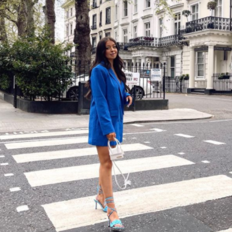 Influencer Wearing A Royal Blue Blazer Dress & A Baby Blue Strappy Heels