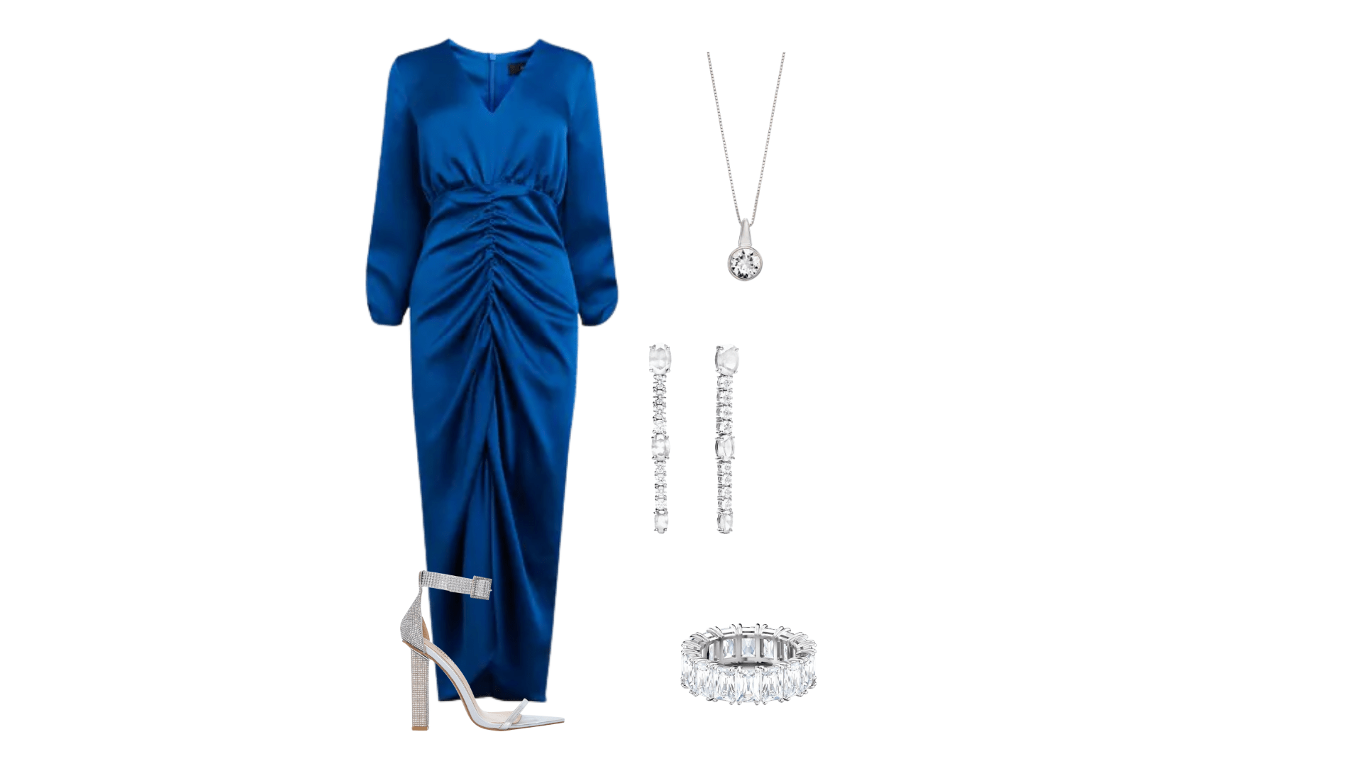 Royal blue dress with silver heels and silver jewellery.