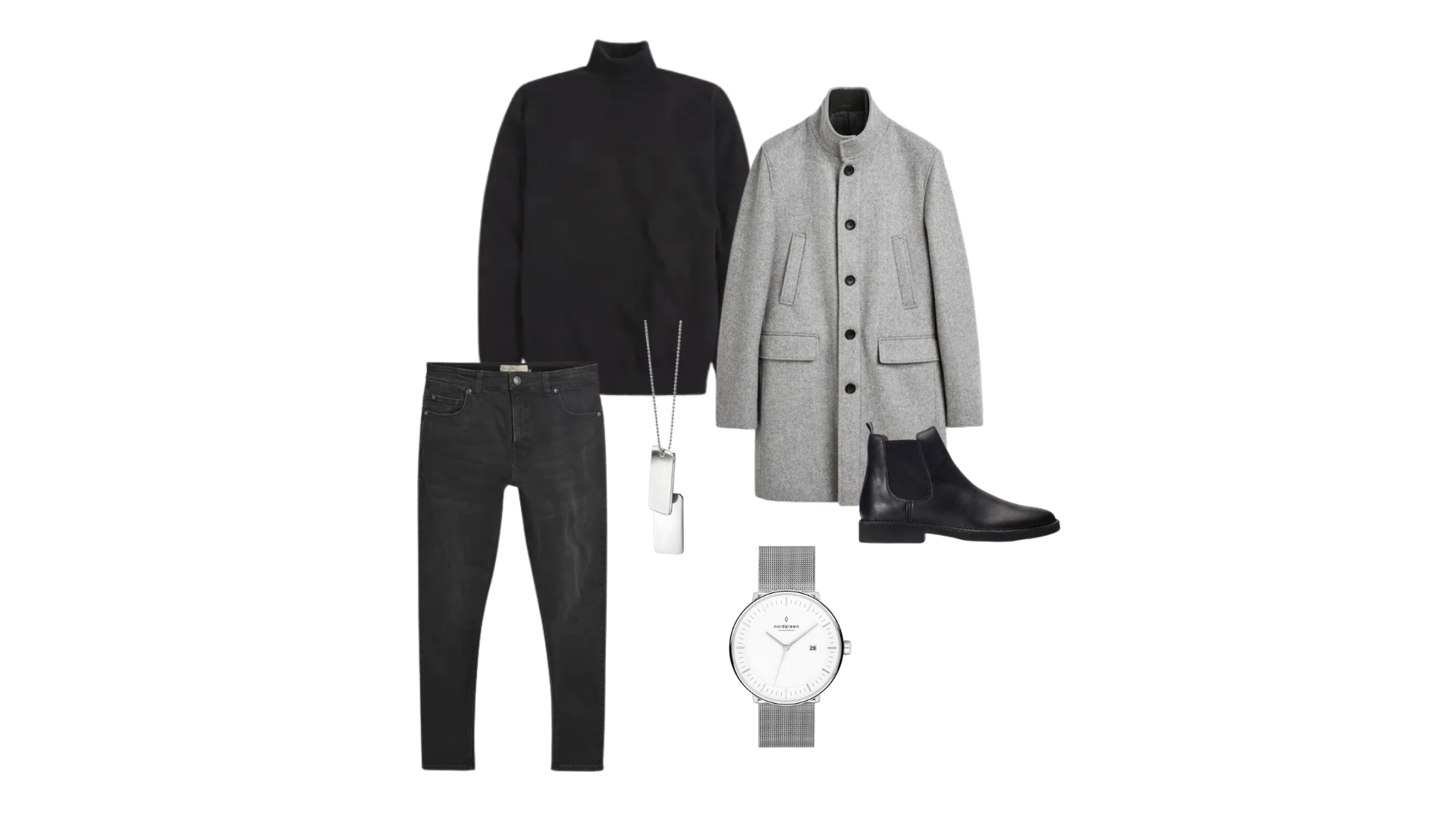 Black jeans with a high neck and grey funnel neck coat paired with some black boots and silver jewellery. 