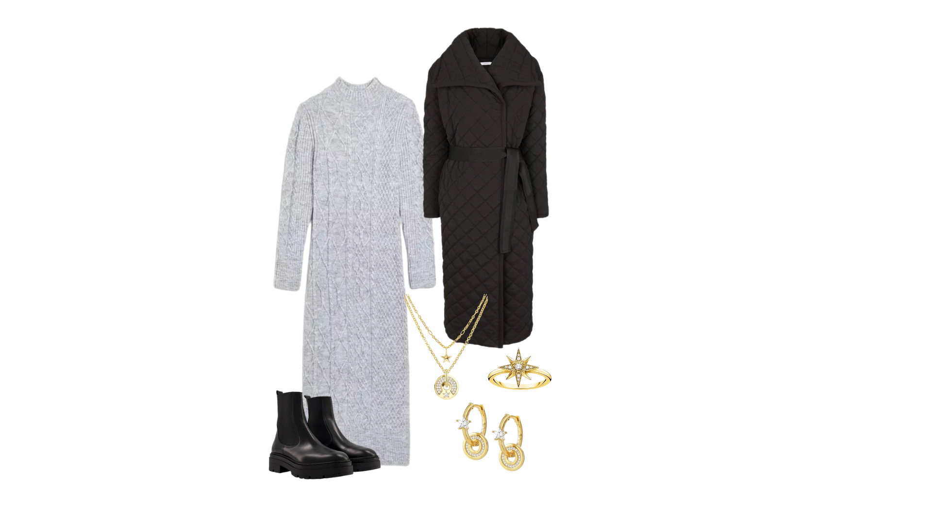 Long grey dress with quilted coat , chunky boats and gold jewellery.