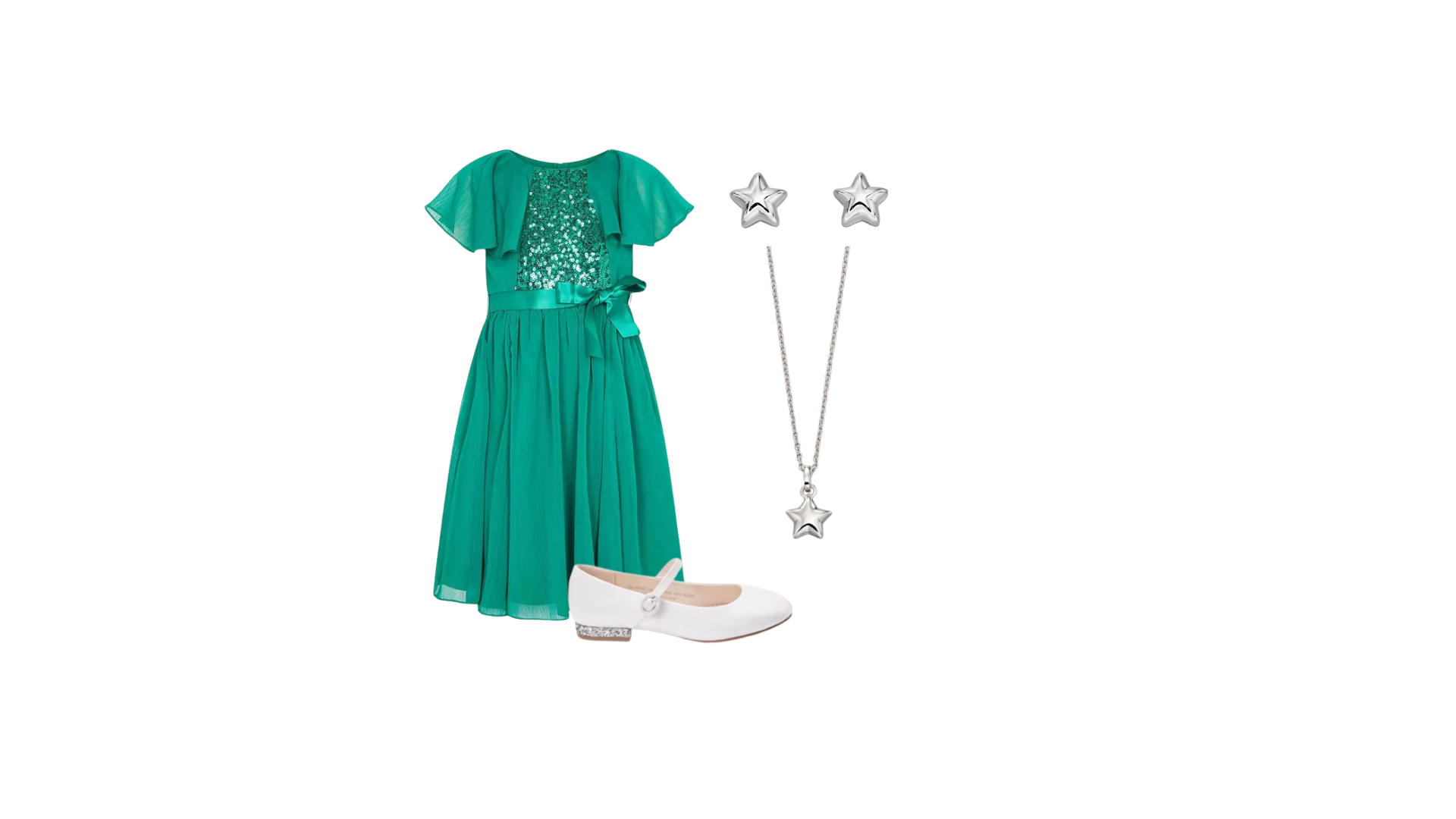 Beautiful green little girls dress with white pumps and star jewellery.