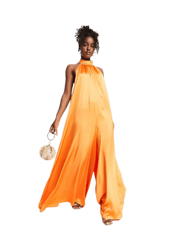 Boho wedding guest outfit idea. Orange flowing jumpsuit from ASOS.
